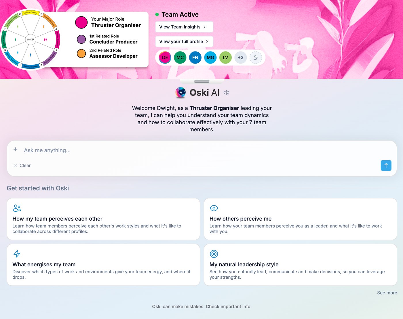 The TeamOS Sandbox interface — TMP wheel, role tiles, Team Active panel, and the Oski AI chat with suggested coaching prompts.