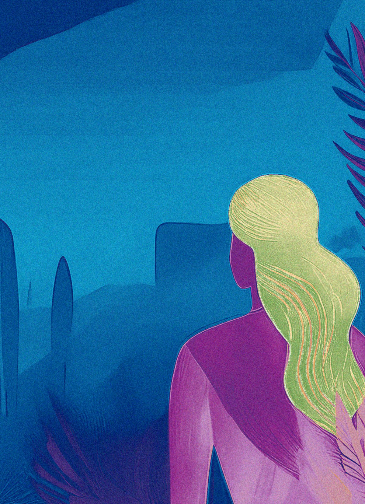 A figure with green-toned hair looking out across a stylised blue landscape with purple botanical accents — TeamOS illustration.